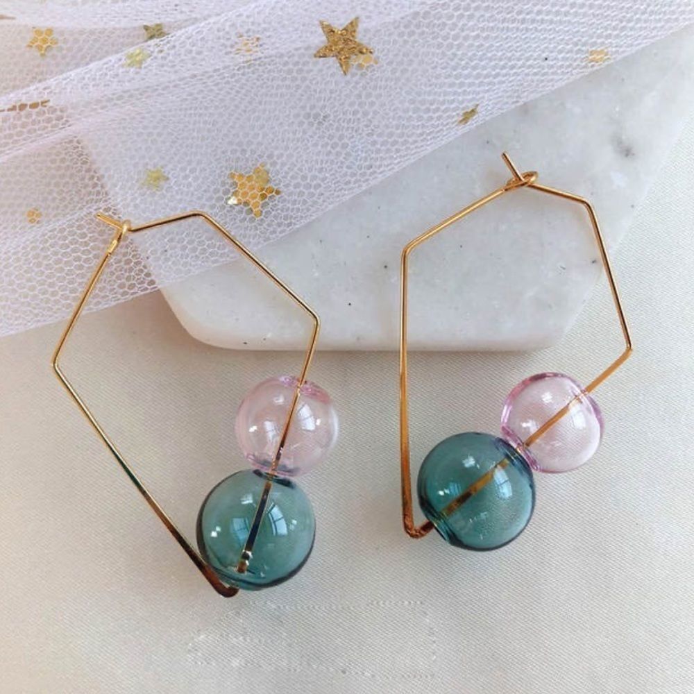 Double Glass Balls Square Hoop Earrings - Picture 6 of 7